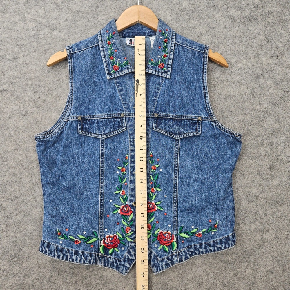 Bill Blass Denim Vest Women's Blue Medium Embroidered Floral Rose Rhinestone 90s - Picture 8 of 10